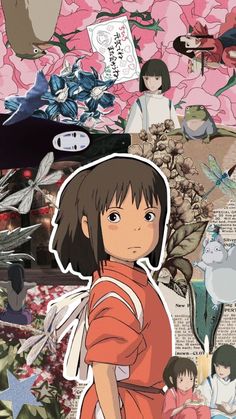 an anime character surrounded by flowers and other things that are in front of her face