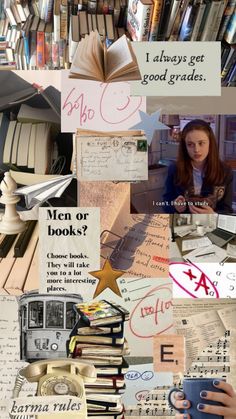 a collage of books and pictures with words written on them