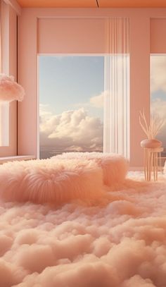 a bedroom with pink walls and fluffy fur on the floor, along with large windows