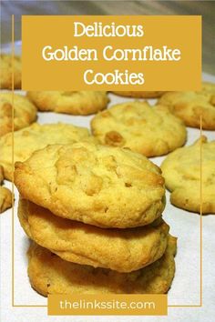 cookies stacked on top of each other with the words delicious golden cornflake cookies