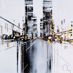 an abstract painting with yellow and black lines