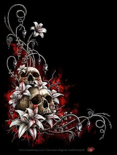 a skull surrounded by flowers and vines on a black background