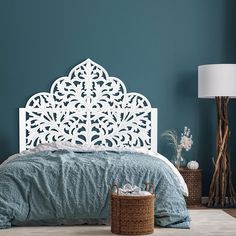 Hand Carved Mandala Wall Mount Wood Bed Headboard by Crafted Fashions Boho Bed Headboard, Boho Bed, White Headboard, Tropical Home Decor, Handmade Bed, Superking Bed, Bed Headboard, Boho Bedding, Tropical Houses