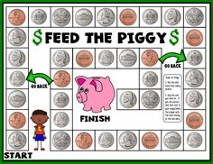 a piggy board game with money on it and the words feed the piggy