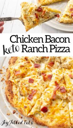 the chicken bacon keto ranch pizza is cut into four pieces and ready to be eaten