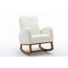 a white rocking chair with wooden legs on a white background and no one in it