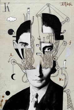 a drawing of a man with his head cut out to look like he is surrounded by other things