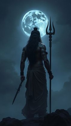 a man standing on top of a hill next to a giant moon with two swords in his hand