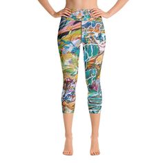 These yoga capri leggings with a high, elastic waistband are the perfect choice for yoga, exercising, running or as a fashion statement when out on the town. Featuring the unique abstract art of Ellen Palestrant and ONLY available here at her online Etsy store. (Please note, it is not an Ellen Palestrant AUTHENTIC product if found available through any other online retailer or a brick & mortar store.) All rights reserved. 2022. * 82% polyester, 18% spandex * Very soft four-way stretch fabric * C Moisture-wicking Capris For Yoga, High Stretch Yoga Capri Leggings, Athleisure Yoga Compression Capris, Athleisure Yoga Capri Pants, Yoga Capri Leggings, Compression Capri Leggings For Pilates, Athleisure Yoga Activewear Capri Length, High Stretch Capri Length Gym Leggings, Athleisure Yoga Activewear In Capri Length