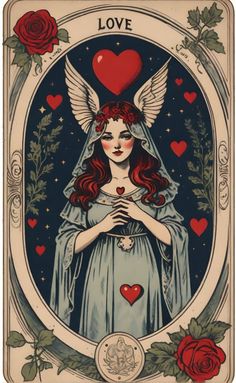 a tarot card with an angel holding a heart in it's hands and surrounded by roses