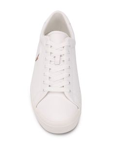 White leather low top contrast logo sneakers from Polo Ralph Lauren featuring a round toe, a lace fastening, a flat rubber sole, front and side logo branding and a branded insole. | Polo Ralph Lauren Low Top Contrast Logo Sneakers Custom Lace-up Sneakers With Logo And White Sole, Logo Detail Lace-up Platform Sneakers For Streetwear, Classic Lace-up Platform Sneakers With Embossed Logo, Low-top Platform Sneakers With Logo For Sports, Low-top Platform Sneakers With Logo For Streetwear, Low-top Platform Sneakers For Sports With Logo, Low-top Platform Sneakers For Streetwear With Logo, Sports Lace-up Skate Shoes With Embroidered Logo, Sporty Platform Sneakers With Logo Detail And White Sole