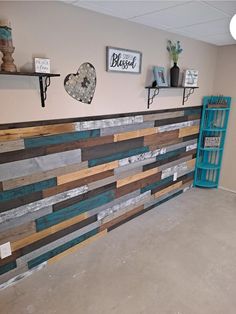 a wall made out of wood planks and some shelves