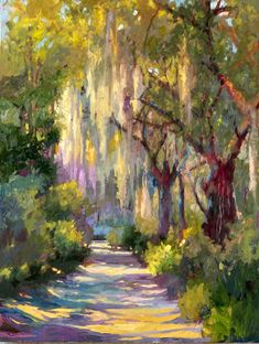 an impressionist painting of a path in the woods