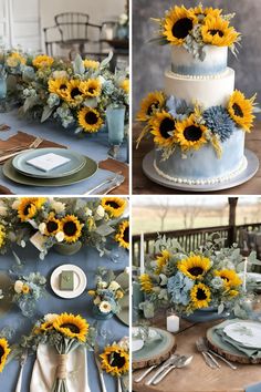 sunflowers and greenery decorate the centerpieces of a blue wedding cake