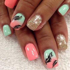 Coral, Teal, and Sparkly nails with a feather accent • This is the perfect design for summer! @Temple Tabone Feather Nail Designs, Batman Nails, Feather Nail Art, Feather Nails, Unghie Nail Art, Trendy Nail Art, Get Nails, Nails Desing, Cute Nail Designs