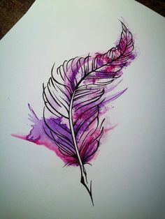 a drawing of a purple feather on white paper