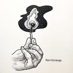 a black and white drawing of a hand holding an eyeball in it's palm