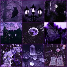 a collage of photos with purple and black colors