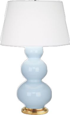 a light blue lamp with a white shade on the bottom and gold trim around the base