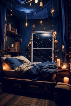 a bedroom with blue curtains and lights hanging from the ceiling