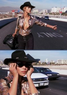 two pictures of a woman wearing a cowboy hat and sunglasses on the side of a road