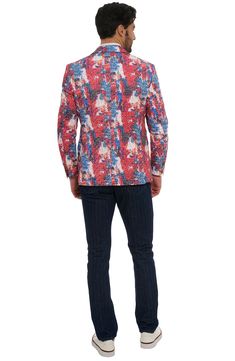 Abstract flowers bloom in splashes of color over scattered embroidery on a sport coat tailored from a crisp cotton blend and styled to elevate any sunny look. Notched lapels Nonfunctional four-button cuffs Chest welt pocket with pull-out pocket square; front flap pockets; interior button-welt pocket Side vents Print lining 65% cotton, 35% polyester Dry clean Imported Spring Printed Blazer With Notch Lapel, Spring Floral Print Outerwear With Notch Lapel, Spring Single Breasted Sport Coat With Lapel Collar, Tailored Floral Print Spring Outerwear, Tailored Floral Print Outerwear For Spring, Tailored Floral Print Outerwear With Notch Lapel, Floral Print Outerwear With Notch Lapel, Spring Cotton Blazer With Floral Print, Spring Multicolor Cotton Blazer