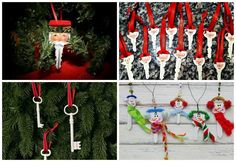 four different christmas ornaments are shown with red ribbons and green pine branches, one has a key hanging from it