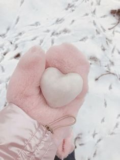 a pink teddy bear with a white heart on it's back in the snow