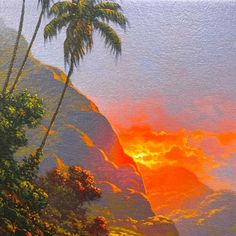 an oil painting of palm trees on a mountain with the sun setting in the background