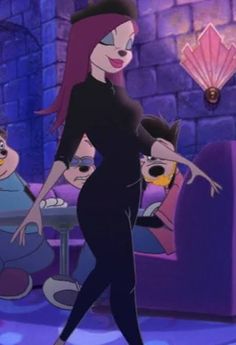 the animated character is dressed in black and has her hands on her hips as she walks through