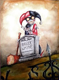 a painting of a creepy clown sitting on top of a grave with a sign that says bruce wayne