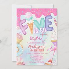 an ice cream themed birthday party card with the words five is so sweet on it