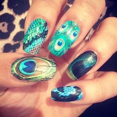 karis-anderson-nails-peacock Peacock Manicure, Feather Nail Designs, Bird Nail Art, Animal Nail Art, Green Nail Designs