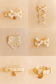 six different types of bow ties are arranged on a beige background, including one with an ornament in the middle