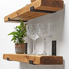 two wine glasses and a potted plant on a shelf