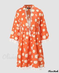 Olivia Mark - Casual Daisy Print Tassel Dress Spring Beach Cover-up Dress With Tassels, V-neck Dress With Back Tassel Tie-up For Summer, Spring Knee-length Beachwear Dresses, Summer V-neck Dress With Fringe, Orange Beachwear Dress For Spring, Long Sleeve Beachwear Midi Dress For Spring, Spring Long Sleeve Mini Dress For Beach, Spring Long Sleeve Mini Dress For Beach Cover-up, Spring Summer Dress With Back Tassel Tie-up