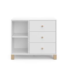 a white cabinet with three drawers and two shelves on one side, in front of a white background