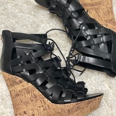 Black Guess Wedge Shoes. Size 7.5. Never Worn. Fresh Shoes, Guess Shoes, Womens Shoes Wedges, Wedge Shoes, Ups, Wedges, Size 7, Lace Up, Women Shoes