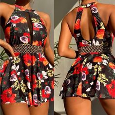 two pictures of a woman wearing a floral print romper and high waisted shorts