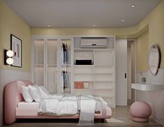 a bedroom with a pink bed and white sheets on the bedspread is shown