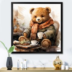 a painting of a teddy bear sitting at a table with a cup and saucer