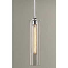 a light hanging from a ceiling fixture with a clear glass tube on the bottom and one light bulb in the middle