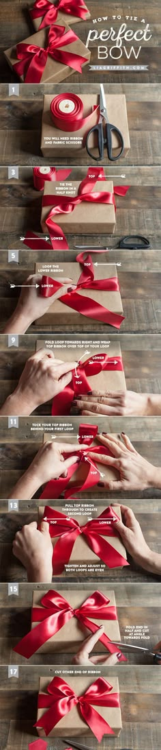 the steps in how to tie a ribbon on wood flooring with scissors and tape