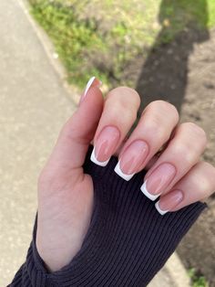 Square Round French Tip Nails, White Gel Nails, Grunge Nails, July Nails