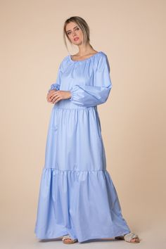 Sky Blue Dress, Blue Maxi Dress, Sky Blue Maternity Dress, Loose Maxi Dress, Boho Dress, Ruffle Dress, Long Sleeve Dress, Plus Size Dress 🍒 This beautiful Sky Blue maxi dress is cut in lovely soft summer poplin fabric which makes its look unique, elegant and stylish. The maxi frame gives the dress the comfy fit we all need. Cut for an oversized fit, it drapes from the shoulders and moves elegantly as you walk. This long sleeve dress is a nice choice for plus size clothing and maternity dress! E Dresses With Ruffle Hem For Daywear, Blue Long-sleeve Dress With Ruffle Hem, Modest Blue Maxi Dress For Daywear, Blue Modest Midi Dress For Brunch, Modest Blue Midi Dress For Brunch, Modest Dresses With Ruffle Hem, Light Blue Ruffled Dress For Daywear, Light Blue Maxi Dress With Ruffle Hem, Light Blue Ruffled Maxi Dress For Daywear