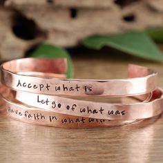 "Take a LOOK at our Website: ANNIEREH.com Inspirational Bracelet, Hand Stamped, Accept What Is, Quote Jewelry, Inspirational Jewelry, Custom Cuff Bracelet, Mantra Bracelet Customize our cuff bracelets with your favorite word/s, meaningful phrase, special saying, names of loved ones, grandchildren, dates and even coordinates for the place you met your partner or shared a special moment with someone. THIS LISTING Is for ALL 3 CUFFS: Available Metal Choices are: Aluminum(silver), Brass(gold), Coppe Jewllery Ideas, Metal Stamping Kit, Impress Art, Silver Ware, Spoon Craft, Stamp Jewelry, Jewelry Stamping, Custom Cuff Bracelet, Hand Stamped Cuff Bracelet