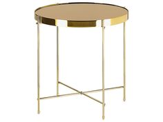 a gold metal and glass side table with a round top on an isolated white background