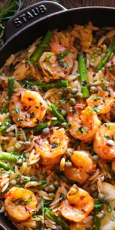 Lemon Shrimp Orzo with Asparagus and Capers - in a cast iron skillet. Shrimp And Asparagus Orzo Recipes, Lemon Shrimp Orzo With Asparagus, Shrimp And Capers Pasta, Lemon Orzo Shrimp Asparagus, Shrimp Asparagus Orzo Recipes, Shrimp With Orzo Recipes, Shrimp And Orzo Recipes, Shrimp Orzo Recipes, Lemon Shrimp Orzo