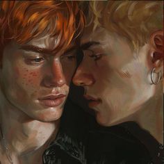 two young men looking at each other with red hair and piercings on their ears