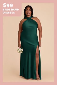 a woman in a long green dress with the words $ 99 bridesmaid dresses